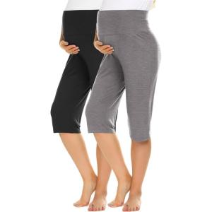 image:imageEkouaer 2 Pack Womens Capris Maternity Shorts High Waist Pregnancy Cropprd Pants Stretchy Lounge BottomsBlackGrey