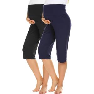 image:imageEkouaer 2 Pack Womens Capris Maternity Shorts High Waist Pregnancy Cropprd Pants Stretchy Lounge BottomsBlackNavy Blue