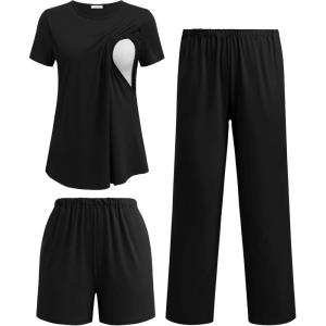 image:imageEkouaer 3 Piece Maternity Pajamas Set Postpartum Nursing Short Sleeve Breastfeeding Sleepwear Pregnancy Shorts amp Pants PjsBlack