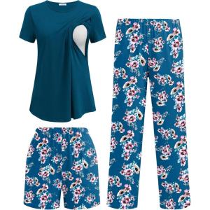 image:imageEkouaer 3 Piece Maternity Pajamas Set Postpartum Nursing Short Sleeve Breastfeeding Sleepwear Pregnancy Shorts amp Pants PjsBlue Greenflower