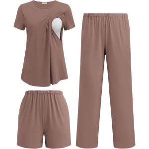 image:imageEkouaer 3 Piece Maternity Pajamas Set Postpartum Nursing Short Sleeve Breastfeeding Sleepwear Pregnancy Shorts amp Pants PjsBrown