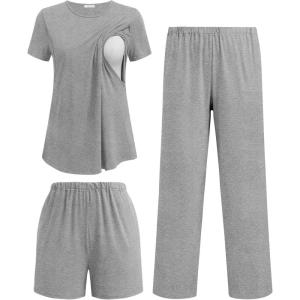 image:imageEkouaer 3 Piece Maternity Pajamas Set Postpartum Nursing Short Sleeve Breastfeeding Sleepwear Pregnancy Shorts amp Pants PjsGrey