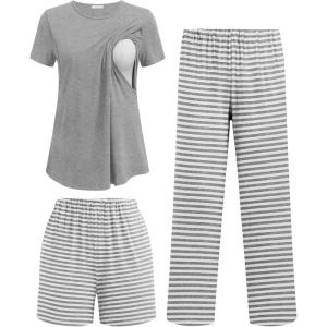 image:imageEkouaer 3 Piece Maternity Pajamas Set Postpartum Nursing Short Sleeve Breastfeeding Sleepwear Pregnancy Shorts amp Pants PjsGreystripe