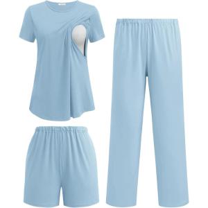 image:imageEkouaer 3 Piece Maternity Pajamas Set Postpartum Nursing Short Sleeve Breastfeeding Sleepwear Pregnancy Shorts amp Pants PjsLight Blue