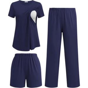 image:imageEkouaer 3 Piece Maternity Pajamas Set Postpartum Nursing Short Sleeve Breastfeeding Sleepwear Pregnancy Shorts amp Pants PjsNavy Blue