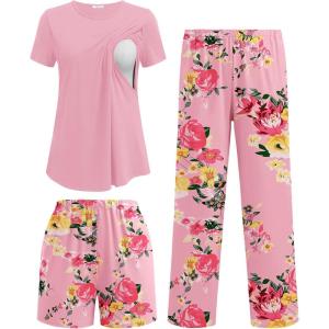 image:imageEkouaer 3 Piece Maternity Pajamas Set Postpartum Nursing Short Sleeve Breastfeeding Sleepwear Pregnancy Shorts amp Pants PjsPinkflower