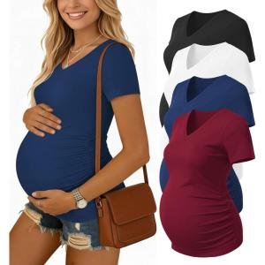 image:imageEkouaer 4 Pack Maternity Shirts V Neck Maternity Top Short Sleeve Casual Tee Side Ruched Pregnancy ClothesBlackBlueDark RedWhite