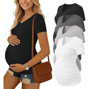 image:imageEkouaer 4 Pack Maternity Shirts V Neck Maternity Top Short Sleeve Casual Tee Side Ruched Pregnancy ClothesBlackDark GreyGreyWhite
