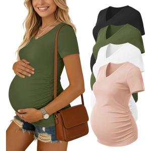 image:imageEkouaer 4 Pack Maternity Shirts V Neck Maternity Top Short Sleeve Casual Tee Side Ruched Pregnancy ClothesBlackPinkArmy GreenWhite