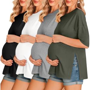image:imageEkouaer 4 Packs Womens Maternity Shirts Short Sleeve Split Side Pregnancy Tee Tops Tunic Blouse Mama Clothes4pcs Black  Brown  Grey  Army Green
