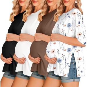 image:imageEkouaer 4 Packs Womens Maternity Shirts Short Sleeve Split Side Pregnancy Tee Tops Tunic Blouse Mama Clothes4pcs Black  Brown  Grey  Floral White