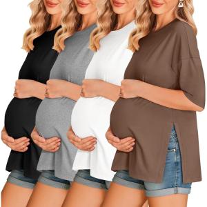 image:imageEkouaer 4 Packs Womens Maternity Shirts Short Sleeve Split Side Pregnancy Tee Tops Tunic Blouse Mama Clothes4pcs Black  Brown  Grey  White