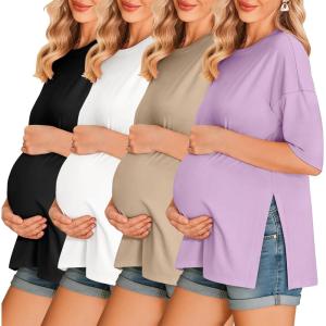 image:imageEkouaer 4 Packs Womens Maternity Shirts Short Sleeve Split Side Pregnancy Tee Tops Tunic Blouse Mama Clothes4pcs Black  Brown  Lilac  Khaki
