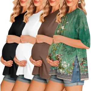 image:imageEkouaer 4 Packs Womens Maternity Shirts Short Sleeve Split Side Pregnancy Tee Tops Tunic Blouse Mama Clothes4pcs Black  Brown  White  Floral Green