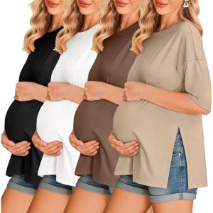 image:imageEkouaer 4 Packs Womens Maternity Shirts Short Sleeve Split Side Pregnancy Tee Tops Tunic Blouse Mama Clothes4pcs Black  Brown  White  Khaki
