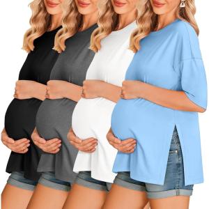 image:imageEkouaer 4 Packs Womens Maternity Shirts Short Sleeve Split Side Pregnancy Tee Tops Tunic Blouse Mama Clothes4pcs Black  White  Light Blue  Dark Grey