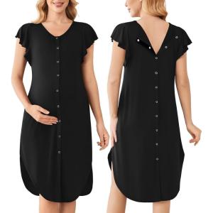 image:imageEkouaer Labor and Delivery Gown 3 in 1 NursingHospitalBreastfeedingMaternity Flying Short Sleeve Nightgown with ButtonBlack