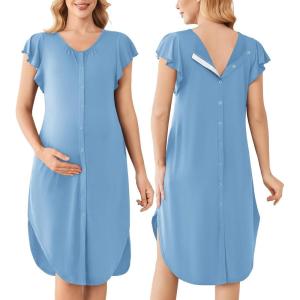 image:imageEkouaer Labor and Delivery Gown 3 in 1 NursingHospitalBreastfeedingMaternity Flying Short Sleeve Nightgown with ButtonBlue