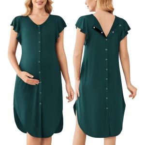 image:imageEkouaer Labor and Delivery Gown 3 in 1 NursingHospitalBreastfeedingMaternity Flying Short Sleeve Nightgown with ButtonDark Green