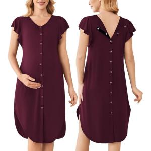 image:imageEkouaer Labor and Delivery Gown 3 in 1 NursingHospitalBreastfeedingMaternity Flying Short Sleeve Nightgown with ButtonMaroon