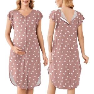image:imageEkouaer Labor and Delivery Gown 3 in 1 NursingHospitalBreastfeedingMaternity Flying Short Sleeve Nightgown with ButtonMauve Heart
