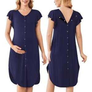 image:imageEkouaer Labor and Delivery Gown 3 in 1 NursingHospitalBreastfeedingMaternity Flying Short Sleeve Nightgown with ButtonNavy Blue