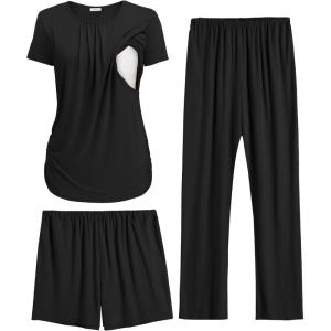 image:imageEkouaer Maternity Nursing Pajamas Set 3 Piece Postpartum Lounge Breastfeeding Pjs Pregnancy Shorts amp Pants SXXLBlack