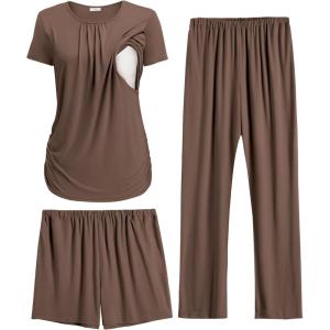 image:imageEkouaer Maternity Nursing Pajamas Set 3 Piece Postpartum Lounge Breastfeeding Pjs Pregnancy Shorts amp Pants SXXLBrown
