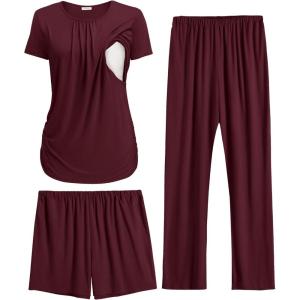 image:imageEkouaer Maternity Nursing Pajamas Set 3 Piece Postpartum Lounge Breastfeeding Pjs Pregnancy Shorts amp Pants SXXLBurgundy