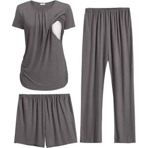 image:imageEkouaer Maternity Nursing Pajamas Set 3 Piece Postpartum Lounge Breastfeeding Pjs Pregnancy Shorts amp Pants SXXLDark Gray