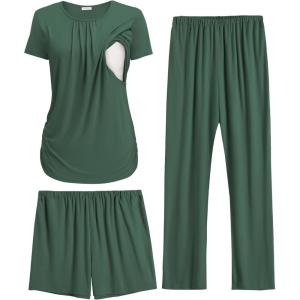 image:imageEkouaer Maternity Nursing Pajamas Set 3 Piece Postpartum Lounge Breastfeeding Pjs Pregnancy Shorts amp Pants SXXLDark Green