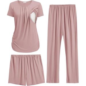 image:imageEkouaer Maternity Nursing Pajamas Set 3 Piece Postpartum Lounge Breastfeeding Pjs Pregnancy Shorts amp Pants SXXLDirty Pink