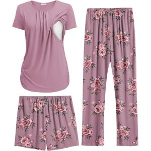 image:imageEkouaer Maternity Nursing Pajamas Set 3 Piece Postpartum Lounge Breastfeeding Pjs Pregnancy Shorts amp Pants SXXLFloral Lilac