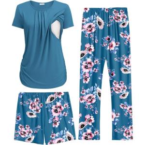 image:imageEkouaer Maternity Nursing Pajamas Set 3 Piece Postpartum Lounge Breastfeeding Pjs Pregnancy Shorts amp Pants SXXLFloral Teal