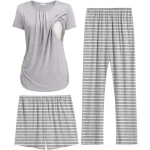 image:imageEkouaer Maternity Nursing Pajamas Set 3 Piece Postpartum Lounge Breastfeeding Pjs Pregnancy Shorts amp Pants SXXLLight Gray Stripe