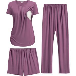 image:imageEkouaer Maternity Nursing Pajamas Set 3 Piece Postpartum Lounge Breastfeeding Pjs Pregnancy Shorts amp Pants SXXLPurple Red