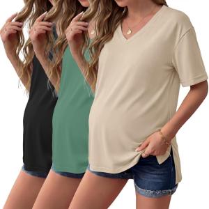 image:imageEkouaer Maternity Shirts 3 Pack Womens Short Sleeve Pregnancy Tops V Neck Split Side Mama Clothes SXXL3 Pcs Black Light Khaki Grey Green