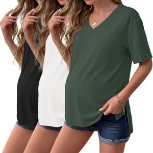 image:imageEkouaer Maternity Shirts 3 Pack Womens Short Sleeve Pregnancy Tops V Neck Split Side Mama Clothes SXXL3 Pcs Black White Army Green