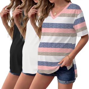 image:imageEkouaer Maternity Shirts 3 Pack Womens Short Sleeve Pregnancy Tops V Neck Split Side Mama Clothes SXXL3 Pcs Black White Pink Stripe