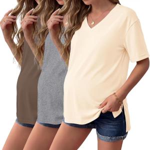 image:imageEkouaer Maternity Shirts 3 Pack Womens Short Sleeve Pregnancy Tops V Neck Split Side Mama Clothes SXXL3 Pcs Brown Grey Beige