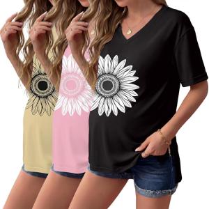 image:imageEkouaer Maternity Shirts 3 Pack Womens Short Sleeve Pregnancy Tops V Neck Split Side Mama Clothes SXXL3 Pcs Pink Sunflower Khaki Sunflower Black Sunflower