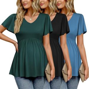 image:imageEkouaer Maternity Shirts 3 Packs Flying Short Sleeve Maternity Tops V Neck TShirt Pregnancy Clothes SXXLBlackLake BlueLake Green