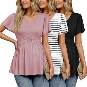 image:imageEkouaer Maternity Shirts 3 Packs Flying Short Sleeve Maternity Tops V Neck TShirt Pregnancy Clothes SXXLBlackPinkBlack Stripe