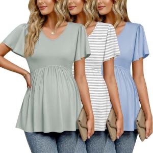 image:imageEkouaer Maternity Shirts 3 Packs Flying Short Sleeve Maternity Tops V Neck TShirt Pregnancy Clothes SXXLLight BlueLight GreenGrey Stripe