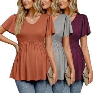 image:imageEkouaer Maternity Shirts 3 Packs Flying Short Sleeve Maternity Tops V Neck TShirt Pregnancy Clothes SXXLRedGreyCaramel