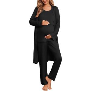 image:imageEkouaer Nursing Pajamas Maternity Robe Set 3 Pieces Postpartum Maternity Pajama Set Pregnancy Breastfeeding PjBlack