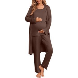 image:imageEkouaer Nursing Pajamas Maternity Robe Set 3 Pieces Postpartum Maternity Pajama Set Pregnancy Breastfeeding PjCoffee Brown