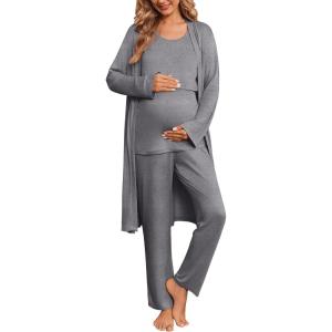image:imageEkouaer Nursing Pajamas Maternity Robe Set 3 Pieces Postpartum Maternity Pajama Set Pregnancy Breastfeeding PjGrey