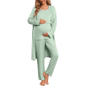 image:imageEkouaer Nursing Pajamas Maternity Robe Set 3 Pieces Postpartum Maternity Pajama Set Pregnancy Breastfeeding PjLight Green