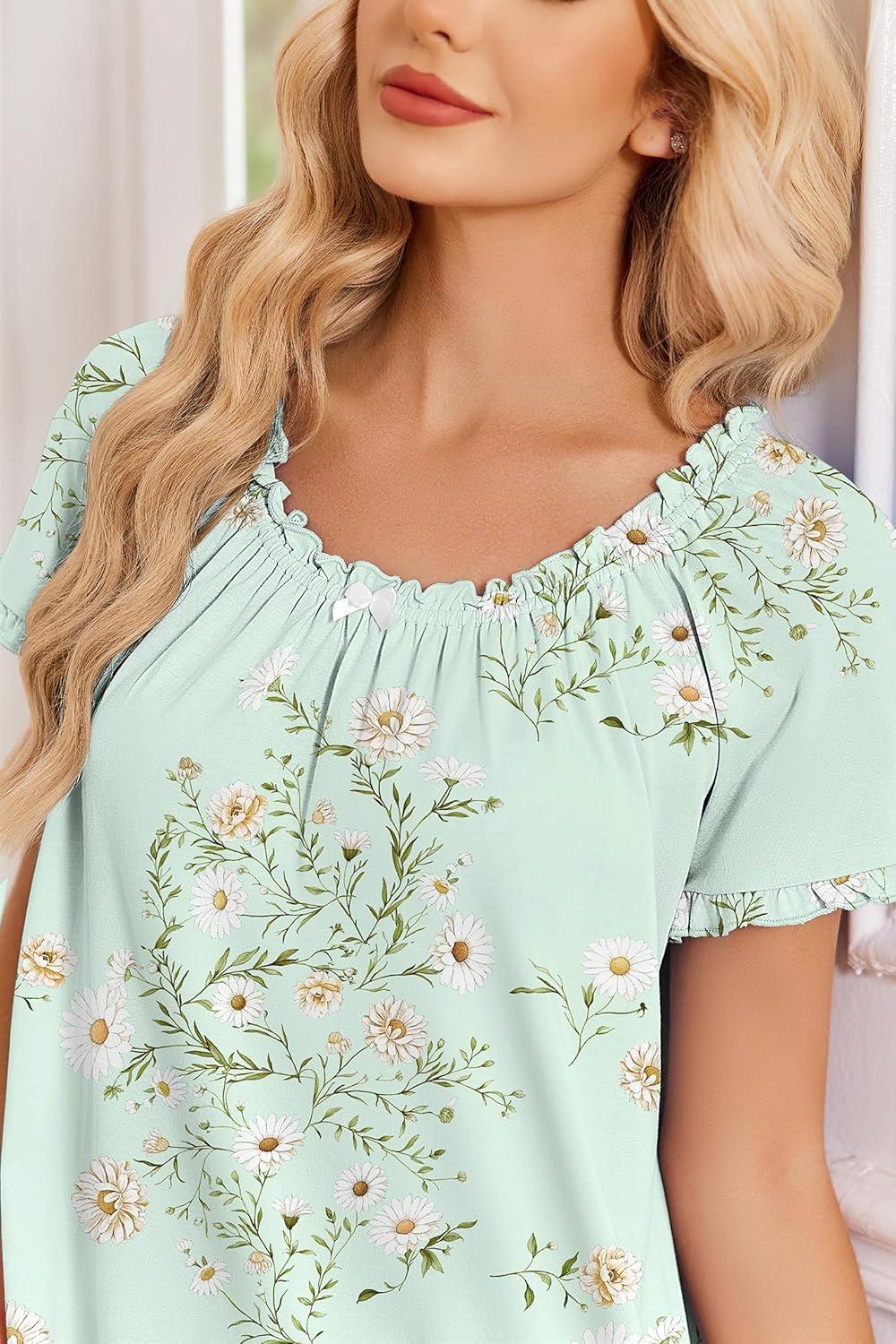 image:imageEkouaer Cotton Nightgowns for Women Vintage Victorian Night Gowns Short Sleeve Sleep Shirts Lace Sleep Dress Soft SleepwearFloral Green